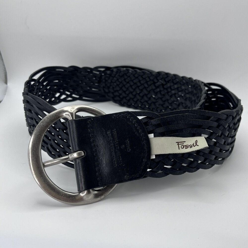 FOSSIL Y2K 90’s Black Braided Leather Belt Women's Grunge Silver Buckle vintage